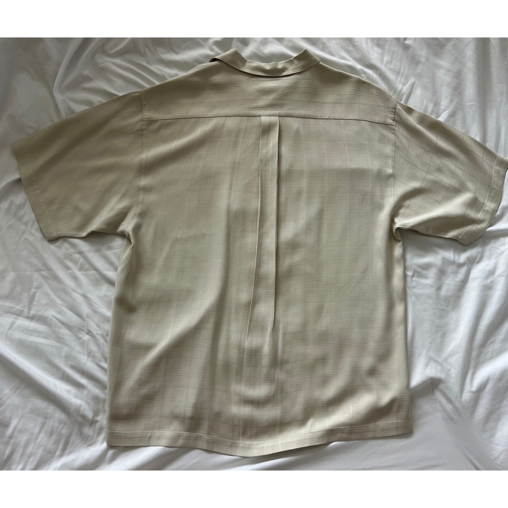 Tommy Bahama Mens Silk Camp Shirt Tan Beige Windowpane Plaid Short Sleeve L - Picture 7 of 8